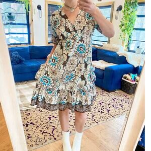 Phool vintage short sleeve white brown and blue floral peasant dress